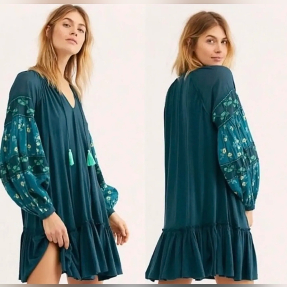 Free People Mix It Up Embroidered Jade Turquoise Long Sleeve Tunic Dress Small